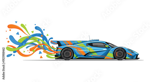 A sleek, custom-painted blue sports car with a vibrant explosion of colorful abstract paint splashes trailing behind it on a white background.