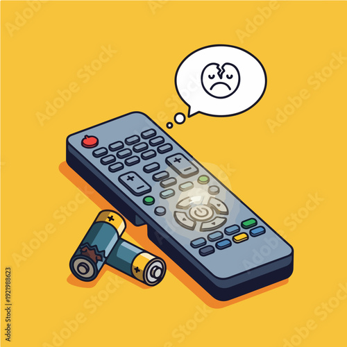 Remote control with dead batteries and a sad face bubble.