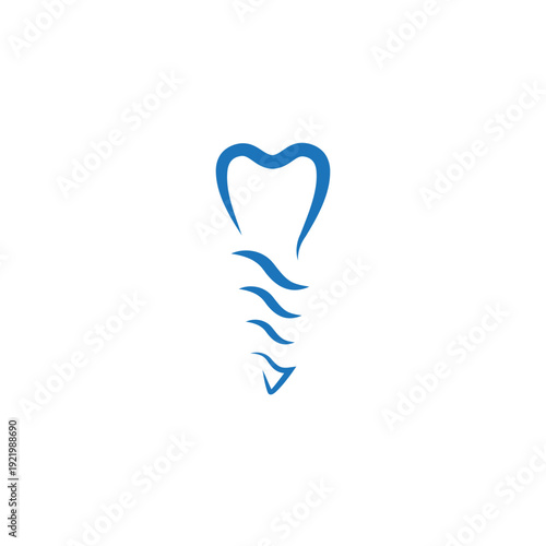 Dental implant logo featuring a minimalist blue line art design of a tooth crown transitioning into a screw-like root for specialized dentistry branding.