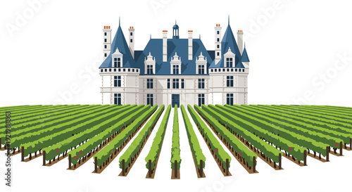 An elegant grand chateau with distinctive blue roofs stands prominently behind long, meticulously organized rows of green vineyards.