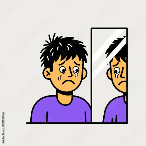 Sad person looking at reflection in the mirror.