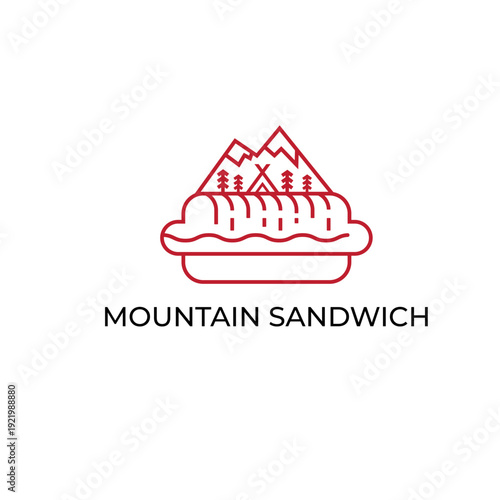 Mountain Sandwich logo featuring a minimalist red line art design of a sub sandwich topped with snowy peaks, pine trees, and a teepee for outdoor-themed deli branding.
