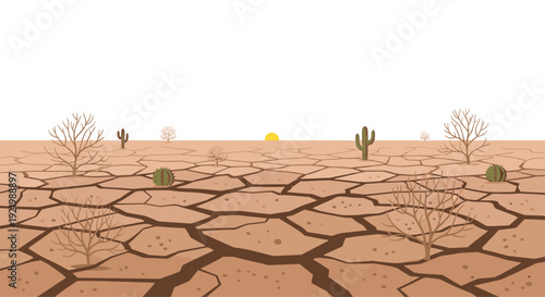 A vast and arid desert landscape is characterized by a dry, cracked earth surface, sparse bushes, cacti, and a distant setting sun.