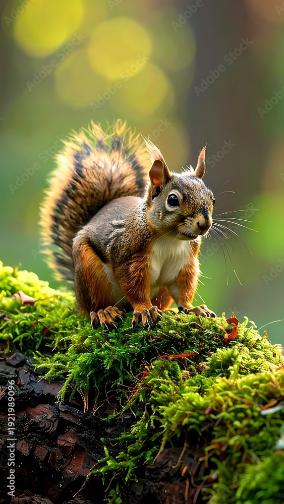 Obraz premium Squirrel with sunlit fur sits atop a mossy branch, a blurred, green forest behind