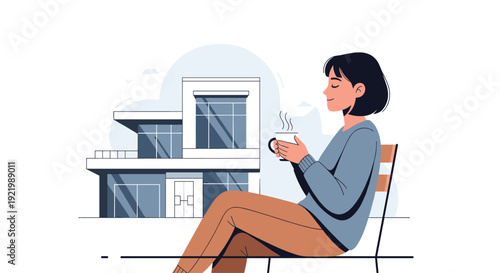 A relaxed young woman with short dark hair sits comfortably on an outdoor chair, holding a steaming hot cup, with a modern minimalist house behind her.