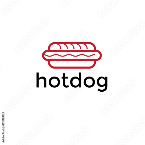 Minimalist hotdog logo featuring a clean red line art illustration of a frankfurter in a bun, ideal for fast food restaurants, concession stands, or food truck branding.
