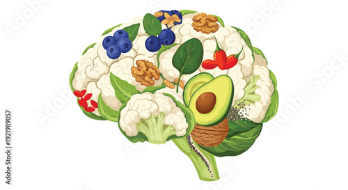 A detailed illustration of a human brain intricately formed from various healthy, nutrient-rich foods including cauliflower, blueberries, walnuts, and avocado.