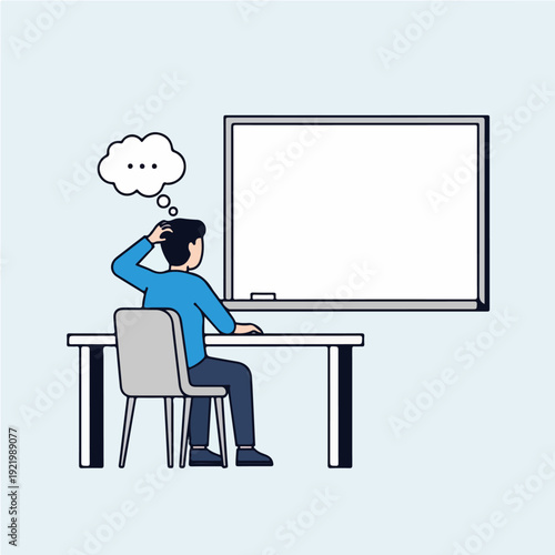 Student pondering in front of a blank whiteboard for learning.