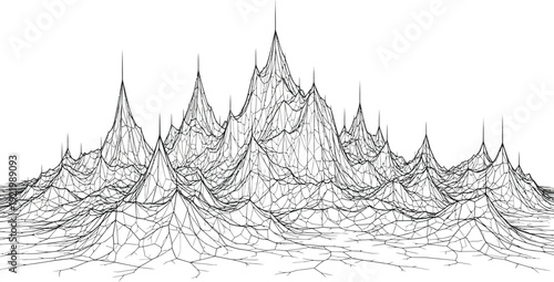 A stylized wireframe landscape of sharp mountain peaks against a white background.
