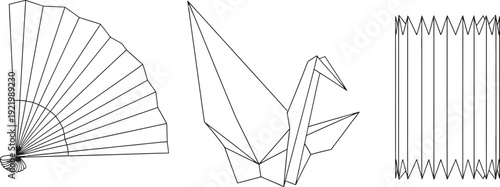 Three folded paper objects: a fan, a crane, and an accordion.