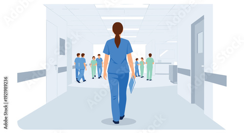 A female nurse wearing blue scrubs and holding a clipboard walks away from the viewer down a brightly lit hospital corridor with other medical staff in the background.