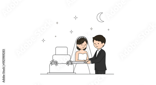 A newlywed bride and groom in formal wedding attire are cutting a simple three-tiered wedding cake beneath a crescent moon and sparkling stars in the background.