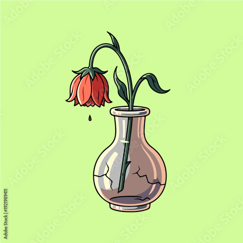 Wilted flower in a cracked vase, a symbol of decay and fragility.
