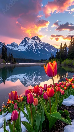 Vibrant tulips bloom near a lake, snow-capped mountains, and a fiery sunset painted across a cloudy sky