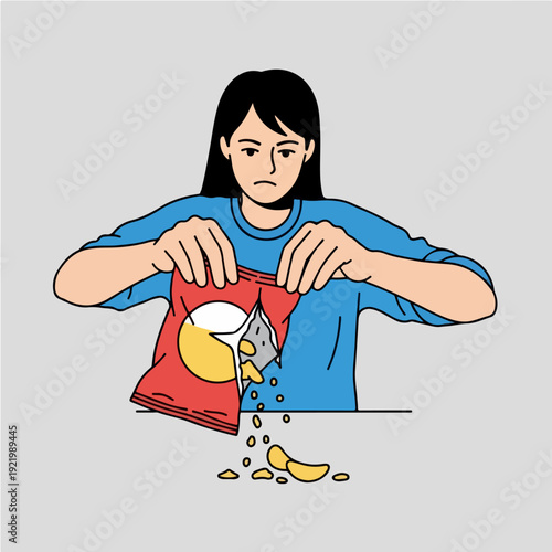 Woman opening a bag of chips with a disappointed expression.