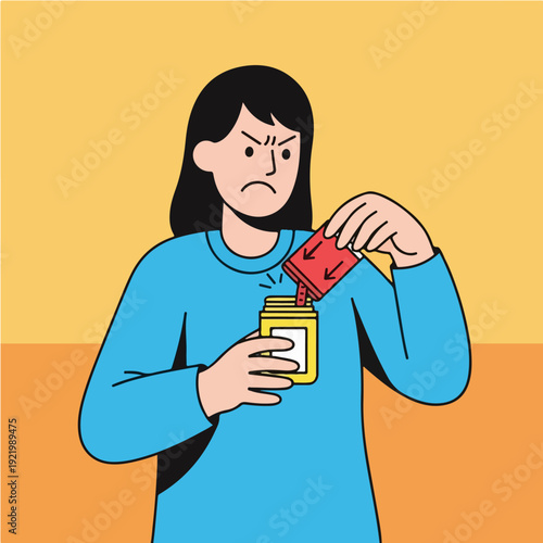 Woman pouring medicine into a jar with an angry expression on her face.