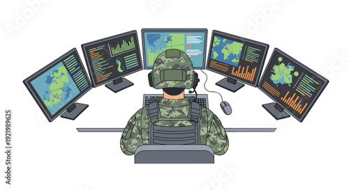 A soldier in full camouflage uniform and helmet sits at a desk, facing away from the viewer, surrounded by five computer monitors displaying maps and data.