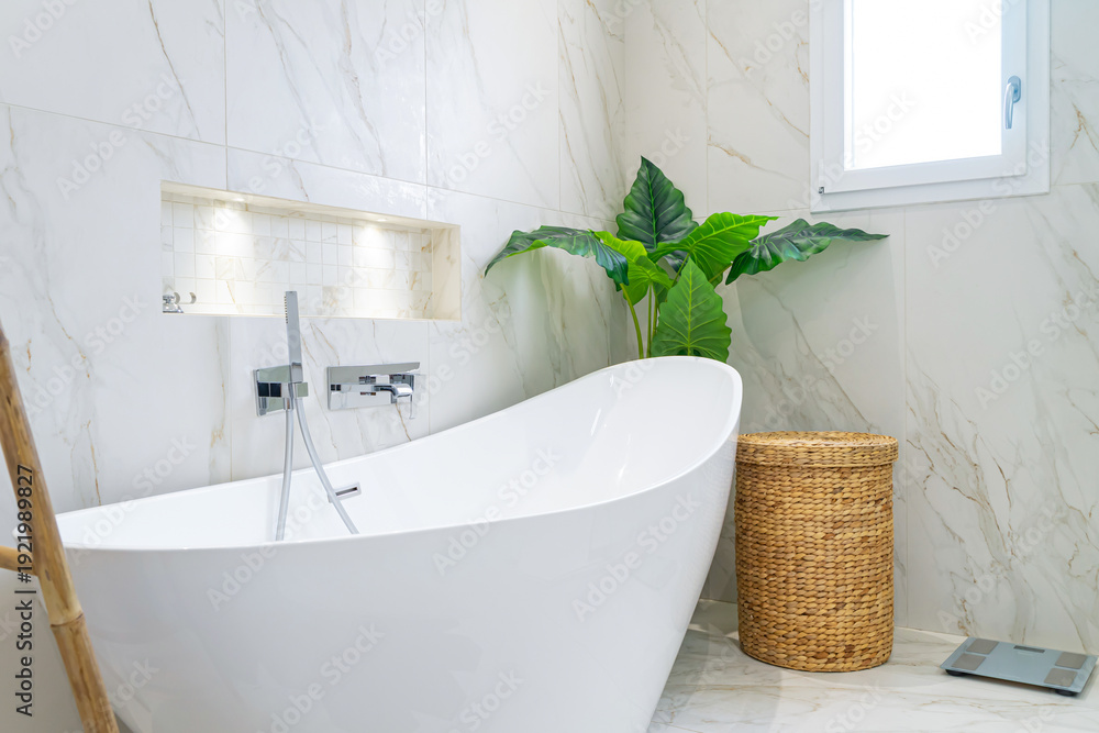 Ταπετσαρία Minimalist bathroom interior with freestanding bathtub and natural light
