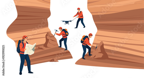 Multiple male explorers wearing helmets and backpacks actively investigate a rugged cave or canyon, using tools, a map, and even operating a modern drone.
