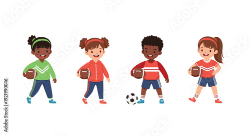 Four smiling diverse children, two girls and two boys, standing and holding American footballs, with one boy also having a soccer ball.