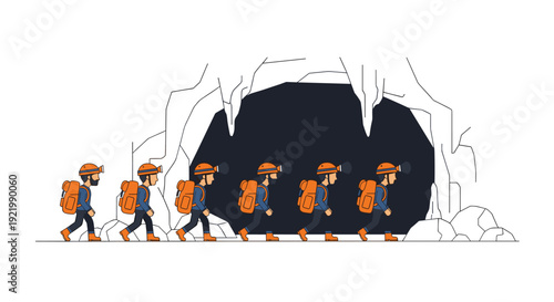 A group of adventurous cavers, wearing helmets and backpacks, walking in a single file line towards the dark entrance of a mysterious cave.