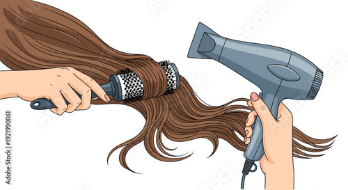 Two hands actively drying and styling long, flowing brown hair using a gray blow dryer and a black round brush on a clean white background.
