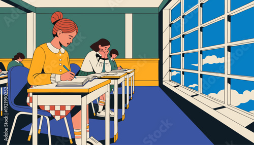 Very beautiful three dimensional classroom interior rendering highlighting depth, aligned desks, natural window light, and realistic academic atmosphere suitable for institutional visualization.