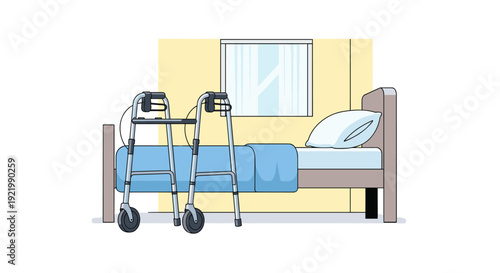 Two silver medical walkers positioned next to a bed with blue covers in a room featuring a yellow wall and a large window, on a white background.