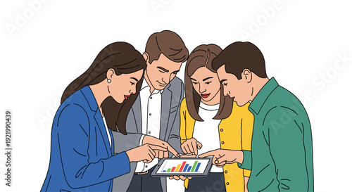 Four diverse business professionals, two men and two women, are gathered closely around a tablet device, pointing at and analyzing colorful bar charts displayed on the screen.