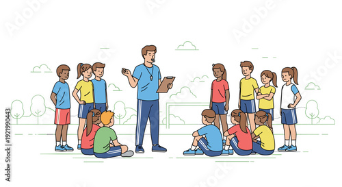 A male coach with a whistle around his neck is addressing a diverse group of young children on a sports field, with some standing and others sitting attentively.