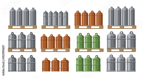 A large collection of industrial gas cylinders in different colors like grey, brown, and green are neatly arranged on wooden pallets, displayed against a clean white background.