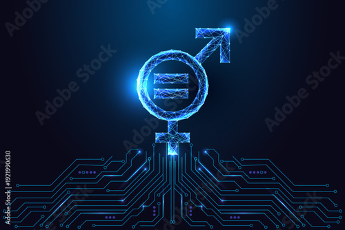 Gender Equality Tech Symbol. Digital Equality Sign in Futuristic Neon Vector Design