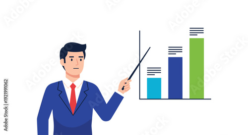 A confident businessman in a blue suit and red tie uses a pointer stick to explain a colorful bar chart during a presentation on white.