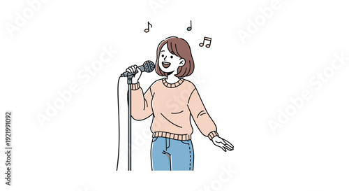 A cheerful young woman with short brown hair is happily singing into a microphone, with musical notes floating above her head.