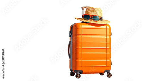 Orange travel suitcase with hat and sunglasses, against black background