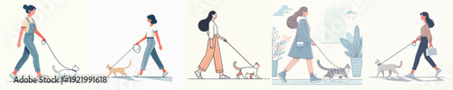 A Woman Walking a Cat Vector Illustration