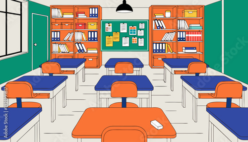 Very beautiful empty classroom scene with multiple desks and organized bookshelves, digitally rendered in a contemporary academic style for educational presentation use.