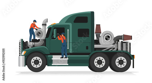 Green Semi Truck with Workers Maintenance.