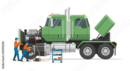 Green Garbage Truck with Workers Nearby.