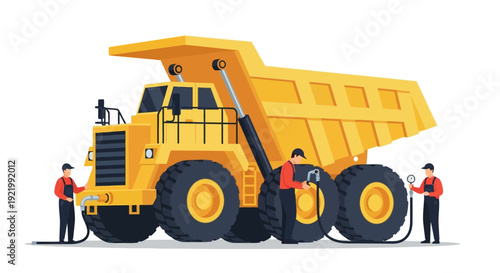 Large Yellow Dump Truck with Workers.