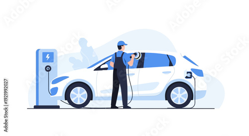 Man Charging Electric Car at Station.