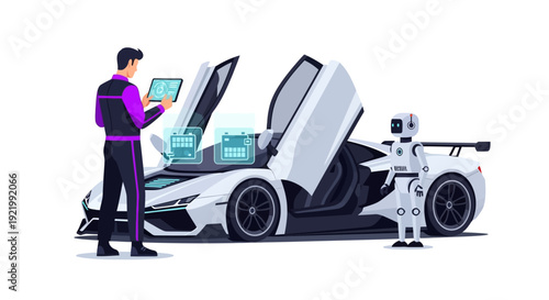 Man Inspecting Futuristic Sports Car with Robot.