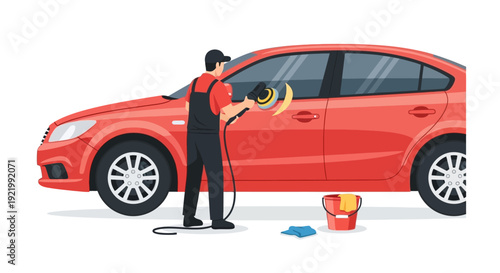 Man Washing Red Car with Sponge.