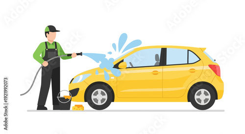 Man Washing Yellow Car with Hose.