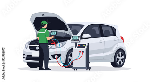 Man Charging Electric Car at Station.