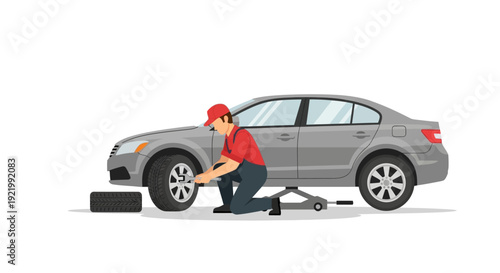 Mechanic Changing Car Tire on Gray Vehicle.