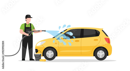 Man Washing Yellow Car with Power Washer.