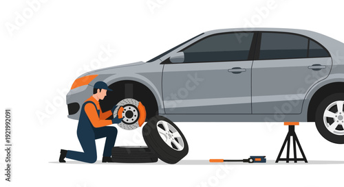 Mechanic Changing Car Tire on White Background.