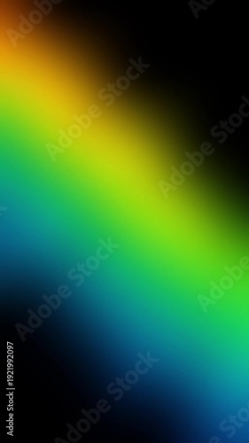 Abstract dark high-contrast gradient background with smooth transition from black and warm orange tones to neon green and deep blue hues. Vibrant and dramatic color fusion creates a modern, energetic