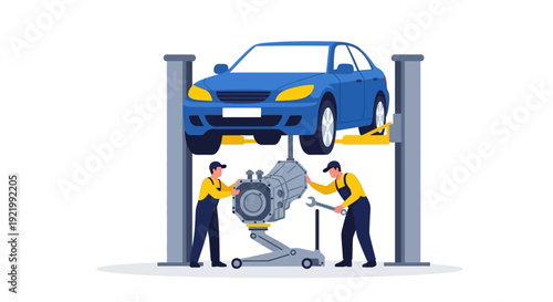 Mechanic Inspecting Car Engine on Lift.